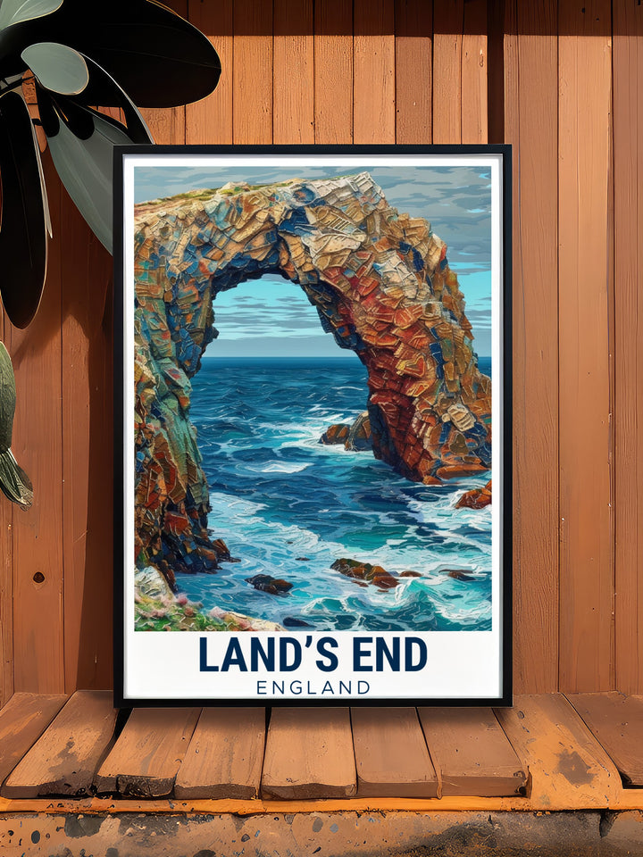 Enhance your home decor with the stunning Enys Dodnan Arch wall art featuring Cornwalls breathtaking coastline. These modern prints provide a unique way to bring Cornwalls rugged beauty into your space making them an excellent choice for lovers of coastal art.