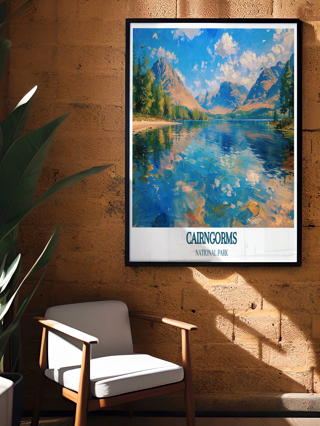 Scotland Painting of Loch Morlich with the Cairngorms in the background. This framed print captures the essence of the Scottish Highlands, making it a stunning addition to any home.