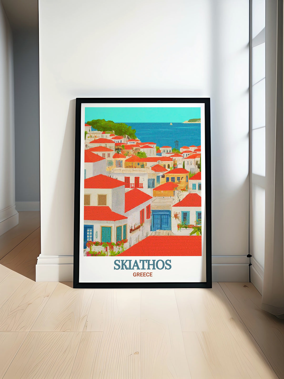 Art print of Skiathos Town on the island of Skiathos, Greece. This vibrant and detailed poster captures the essence of Greek island life, ideal for anyone who loves travel, nature, and stunning coastal scenes.