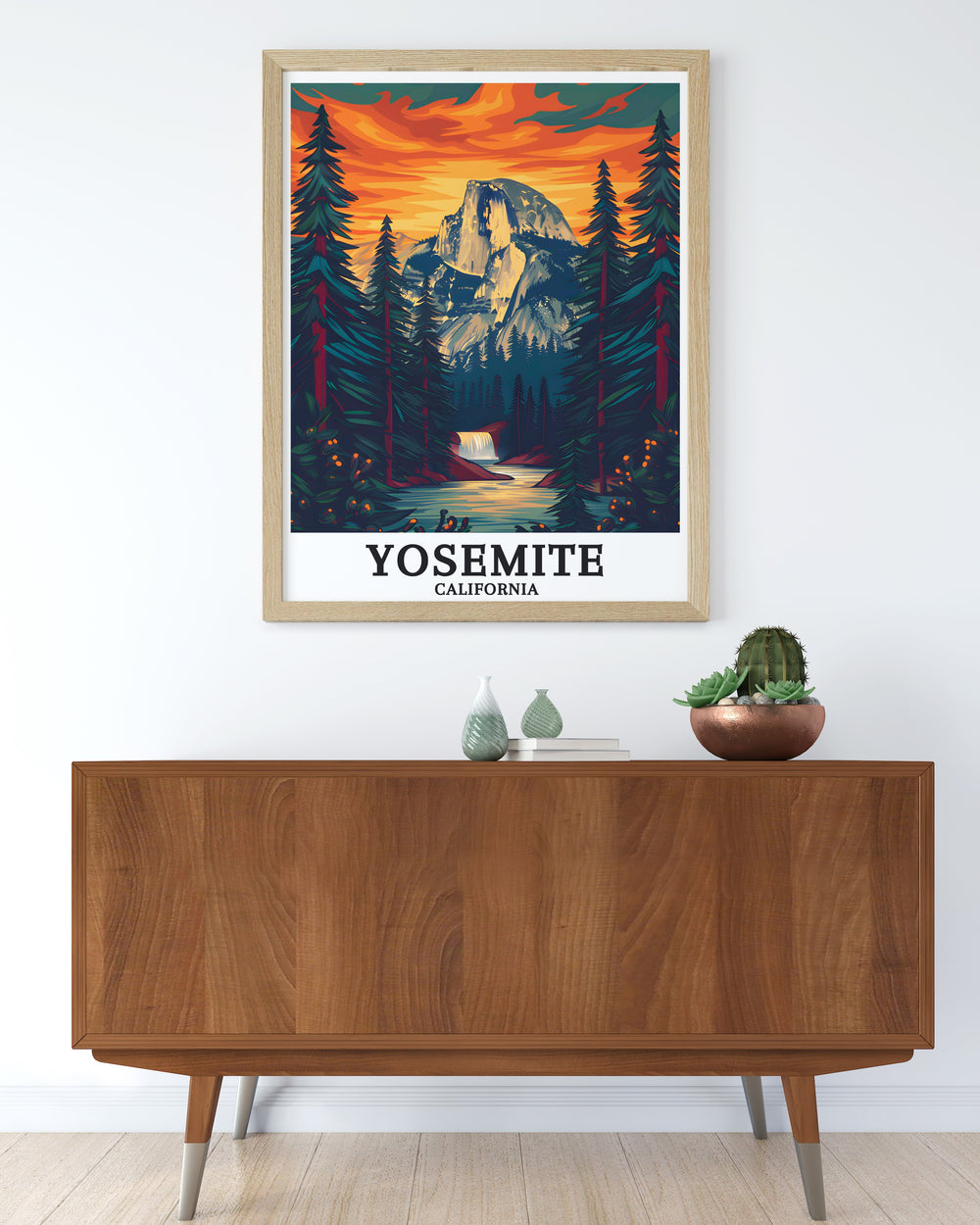 Yosemite Falls and Half Dome artwork featuring vibrant colors and crisp details ideal for adding elegance to your living space or as a thoughtful gift