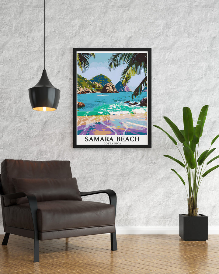 Samara Beach, with its golden sands, Isla Chora, and Whale Tails Rocks, is beautifully depicted in this travel poster. A great addition to coastal themed decor, it also makes the perfect gift for those inspired by Costa Ricas natural wonders.