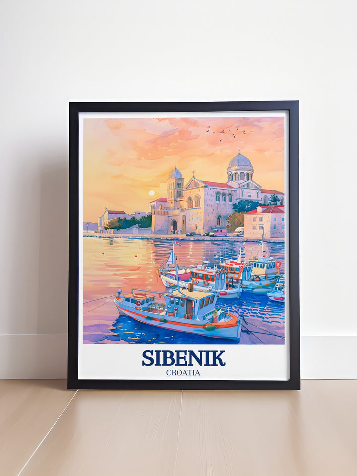 Featuring the historic St. James Cathedral and the picturesque Sibenik harbor, this travel poster is ideal for lovers of Croatian architecture and coastal charm. The artwork beautifully captures Sibeniks unique blend of history and natural beauty.