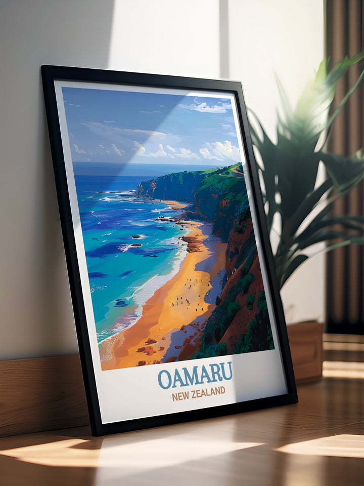 New Zealand Vintage Poster inspired by classic travel art, featuring the serene environment of Bushy Beach in Oamaru. This vintage style poster brings a timeless appeal to your decor, celebrating the natural beauty of New Zealands coastline.