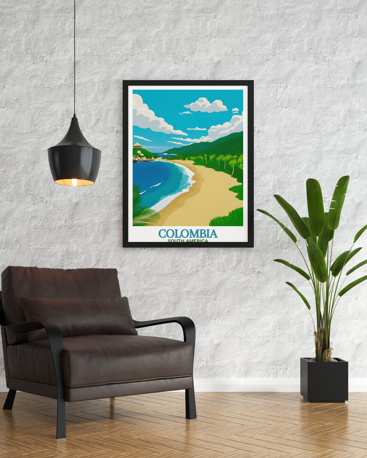 Bring the serene beauty of Tayrona National Parks beaches and forests into your living space with this colorful canvas print. Ideal for anyone who has visited or dreams of visiting Colombias Caribbean coast, this print adds a touch of natural splendor to any room.