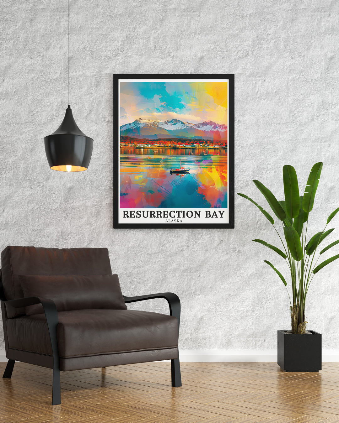 Experience the beauty of Resurrection Bay, Seward Town, and the Kenai Peninsula through this Alaska travel print. The art captures the grandeur of these iconic locations, perfect for nature inspired home or office decor.