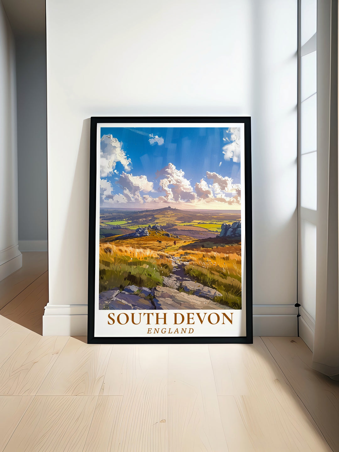 South Devon Travel Poster showcasing beautiful views from the Area of Outstanding Natural Beauty and Dartmoor. Perfect for adding a serene touch to any home decor and as a unique travel gift for anyone who loves nature and art.