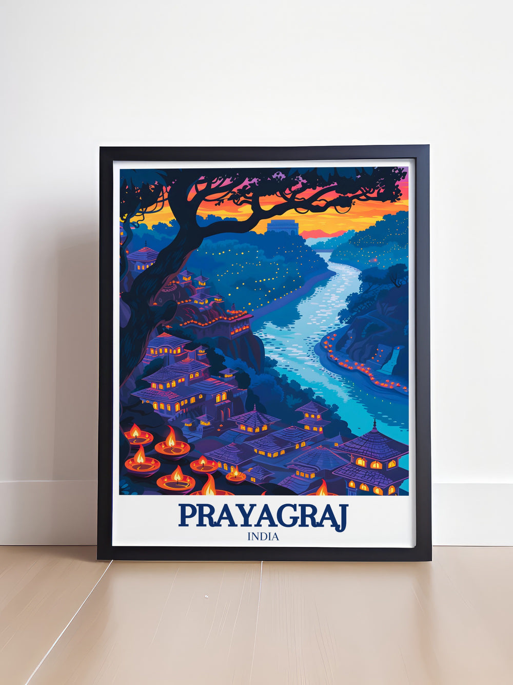 Detailed map poster print of Prayagraj, highlighting the Allahabad Fort and the confluence of the Ganges and Yamuna rivers, capturing the citys rich history and cultural significance. This artwork is perfect for adding a touch of Indian heritage to your home decor, celebrating Prayagrajs deep spiritual roots.