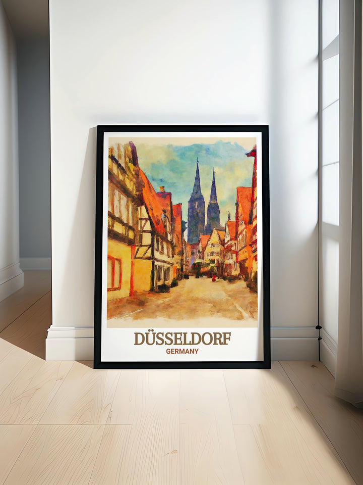 This Düsseldorf travel poster highlights the citys historic Altstadt district, capturing its vibrant energy and blending it with the modern skyline in this detailed art print.