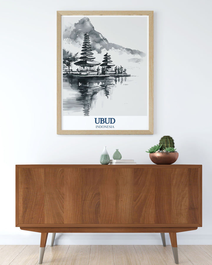 Bring the tranquil vibes of Ubud into your living space with this travel print. It showcases the famous Pura Ulun Danu Bratan temple and the serene waters of Lake Bratan, making it a beautiful addition to your home décor.