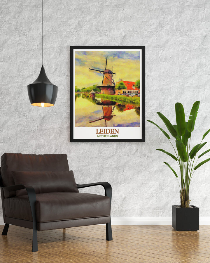 A stunning travel poster of Leiden, Netherlands, showcasing the picturesque canals and historic charm of this iconic Dutch city. This art print is perfect for adding a touch of Dutch elegance to your home or as a thoughtful gift for travelers and art lovers.