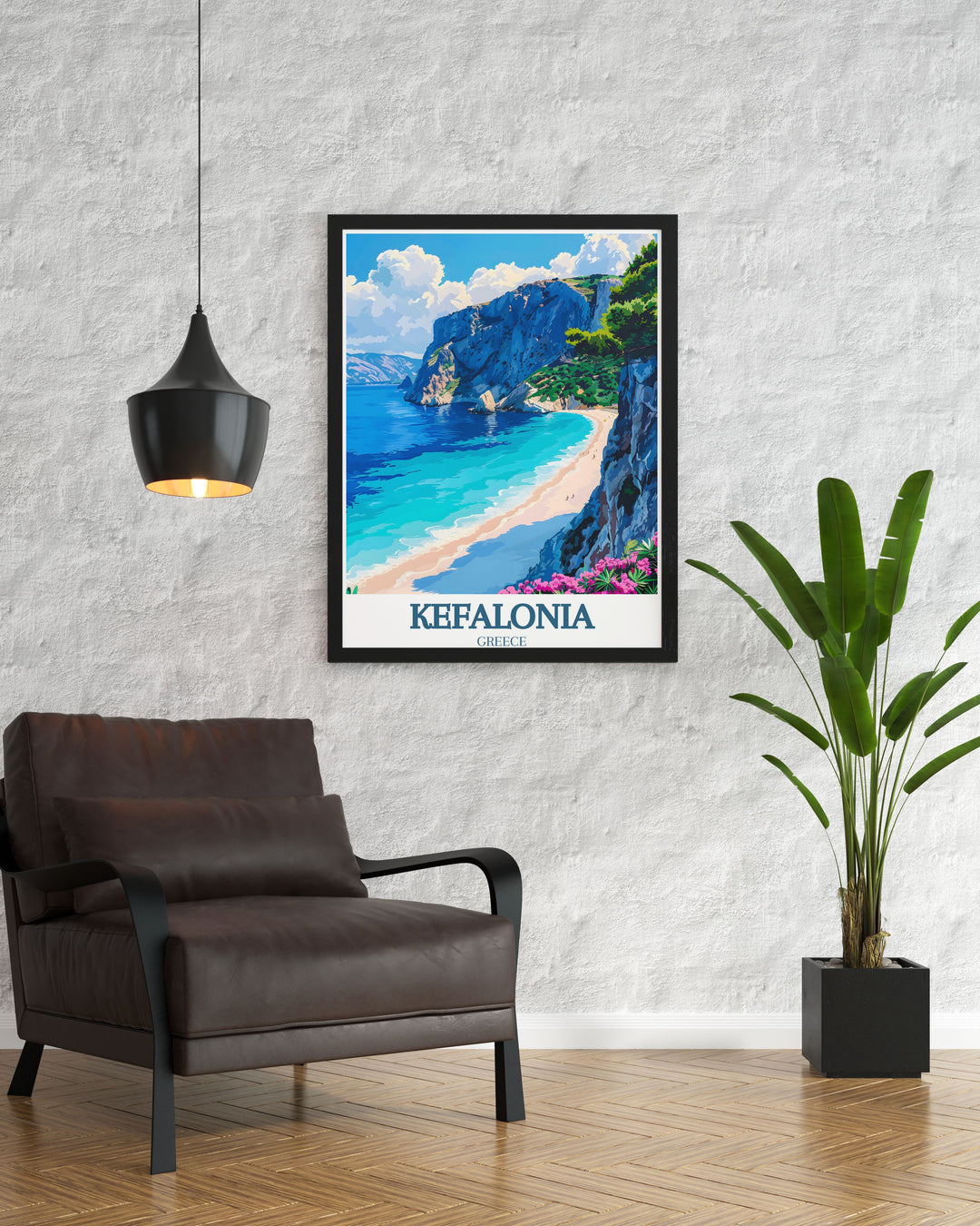 A beautiful wall poster of Kefalonia, capturing the stunning contrasts of Myrtos Beachs bright blue waters and white cliffs with the green hills of Agia Dynati. This piece is perfect for anyone who loves Greek island art or dreams of visiting the Ionian Islands.