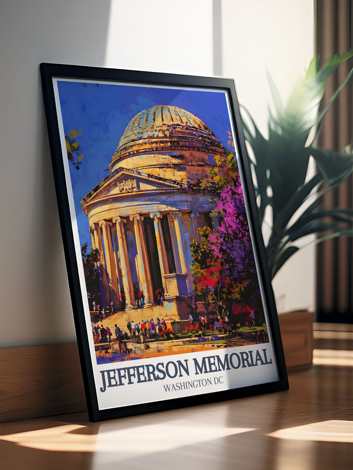 Featuring the Jefferson Memorial and its majestic neoclassical dome, this travel print is perfect for anyone who admires Washingtons landmarks and the rich history behind them. The Grand Rotunda adds a touch of elegance to this artwork.