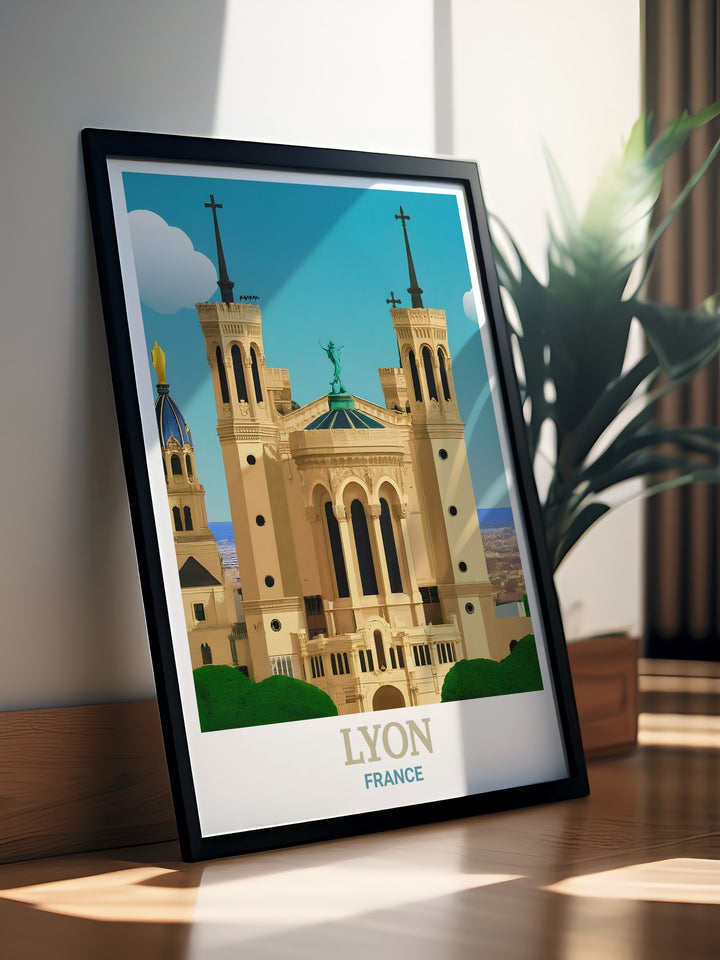 France Canvas Art illustrating the elegance of Lyon through a detailed depiction of the Basilica of Notre Dame de Fourvière, with the citys bustling life captured in vibrant colors. This canvas art is a must have for Francophiles and art enthusiasts alike.