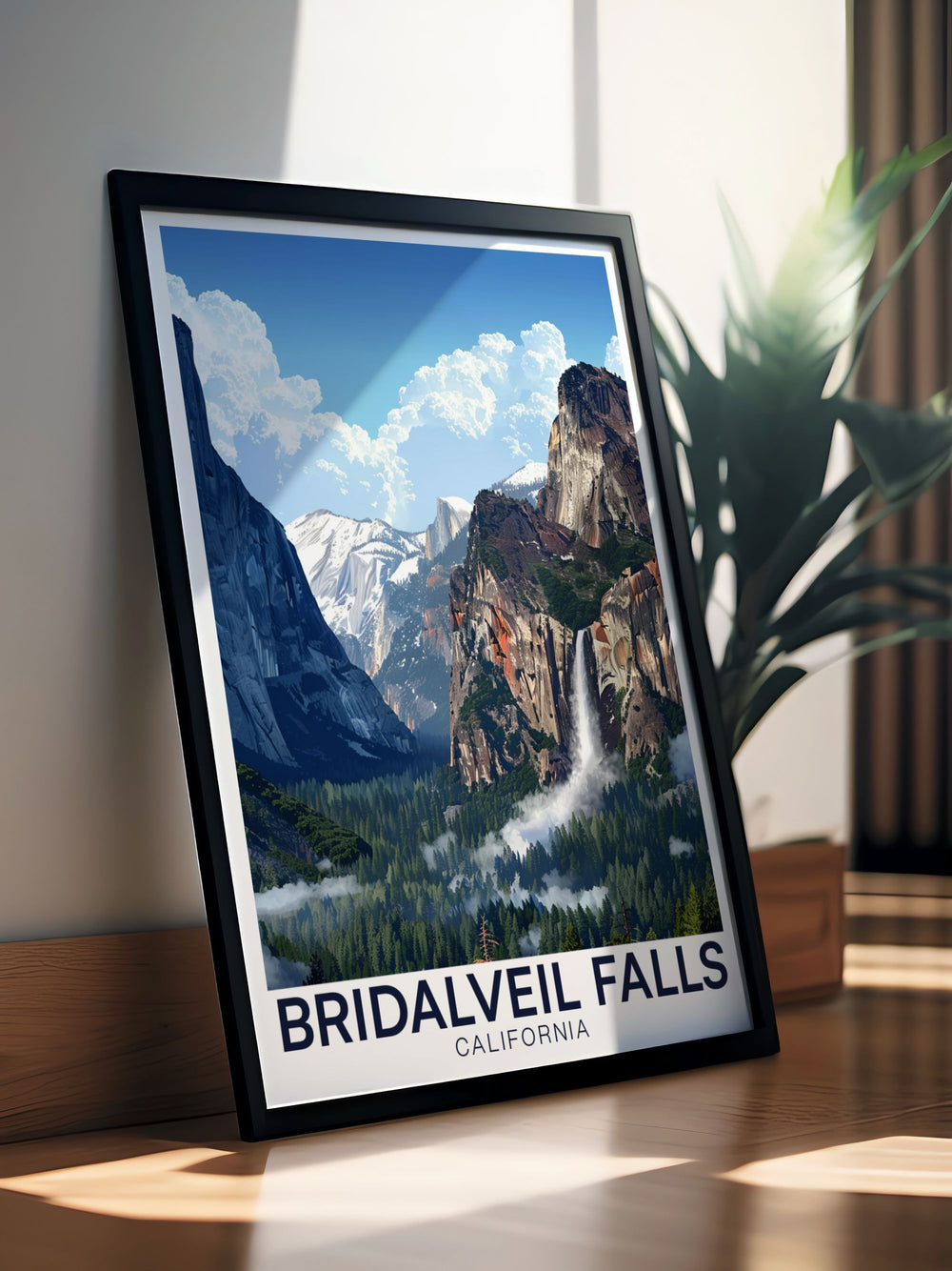Beautiful View from Tunnelview art print featuring Bridalveil Falls in Yosemite National Park. This California artwork is perfect for adding a touch of natural beauty to your home decor. Ideal for anyone who loves California travel and wants a piece of that experience at home.