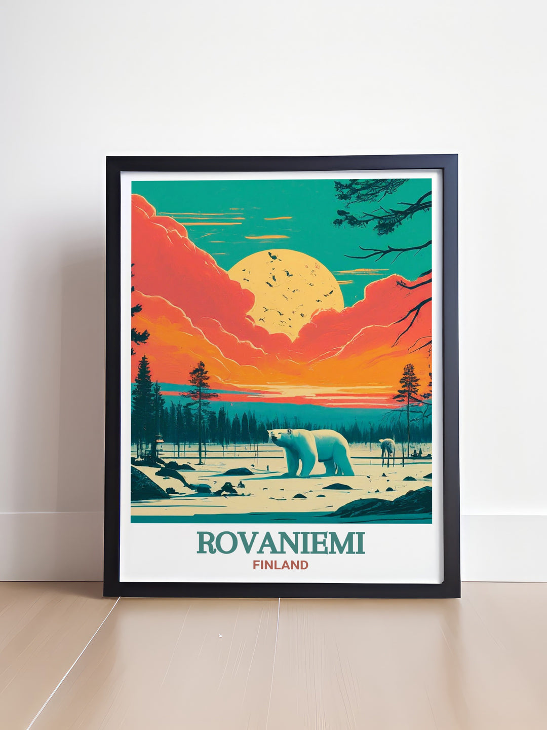 A detailed travel poster of Rovaniemi and Ranua Wildlife Park in Finland, capturing the essence of the Arctic wilderness. This artwork is perfect for those who appreciate the beauty of unspoiled nature.