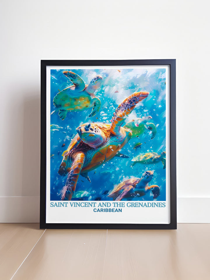 Art print of Tobago Cays Marine Park, capturing the vibrant colors and serene beauty of Saint Vincent and the Grenadines. This artwork is a wonderful way to bring a piece of the Caribbean into your home.