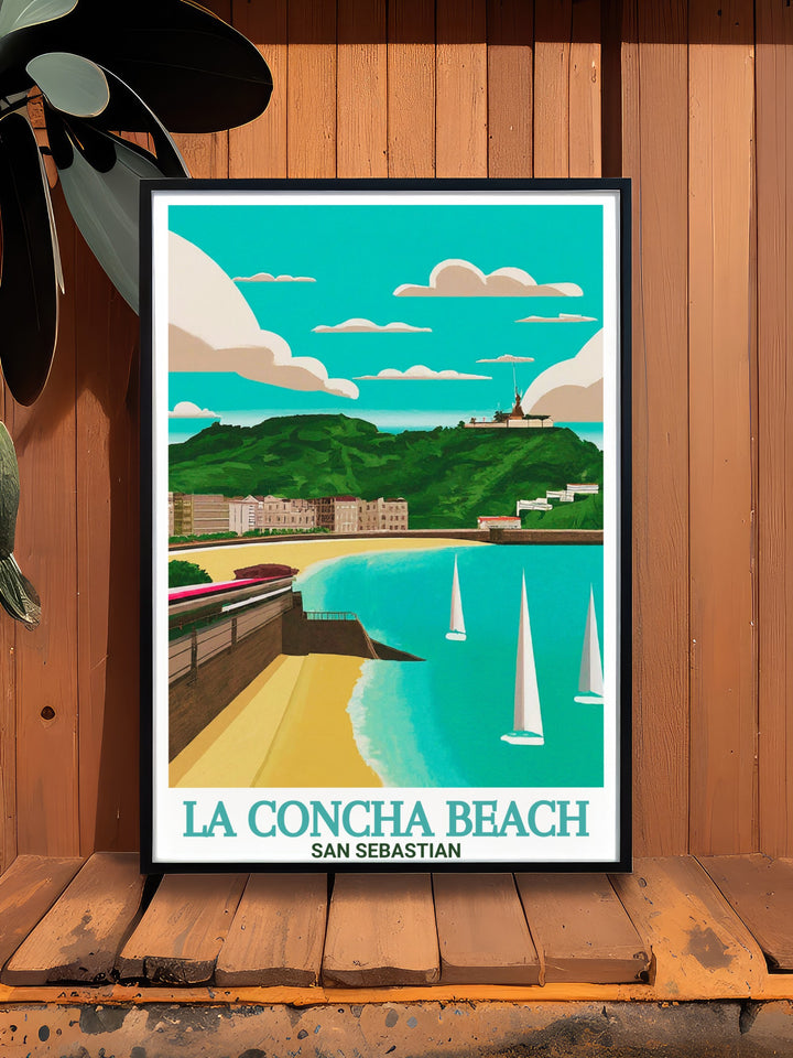 Wall art featuring La Concha Beach and Monte Igueldo in San Sebastián, Spain. This print captures the best of both coastal and mountainous landscapes, perfect for travel enthusiasts or anyone looking to add European elegance to their home decor.