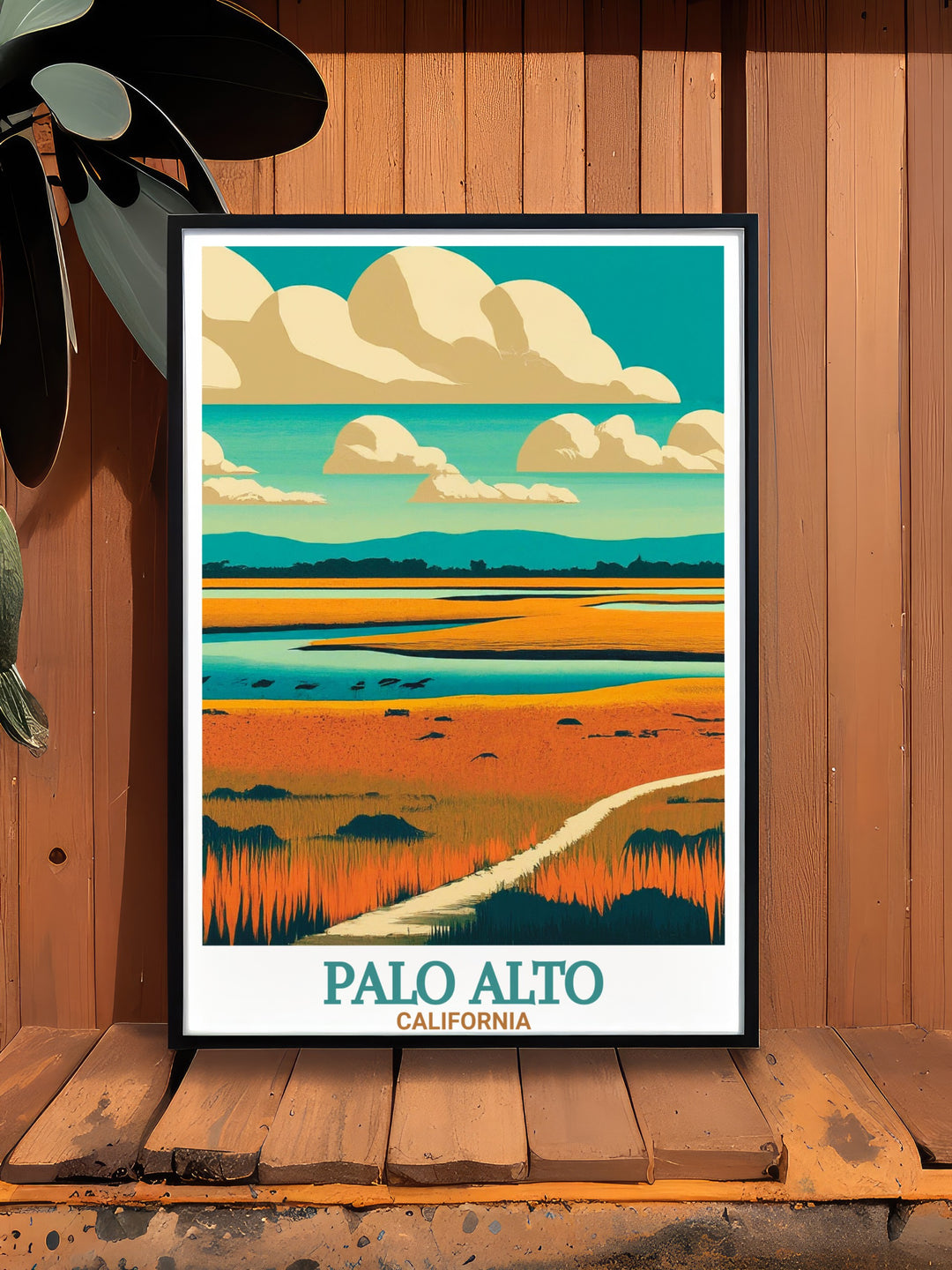 Stunning Palo Alto decor poster featuring Baylands Nature Preserve a travel poster print that captures the vibrant hues and detailed depiction of Palo Altos skyline and nature preserve perfect for adding a touch of tranquility to any room.