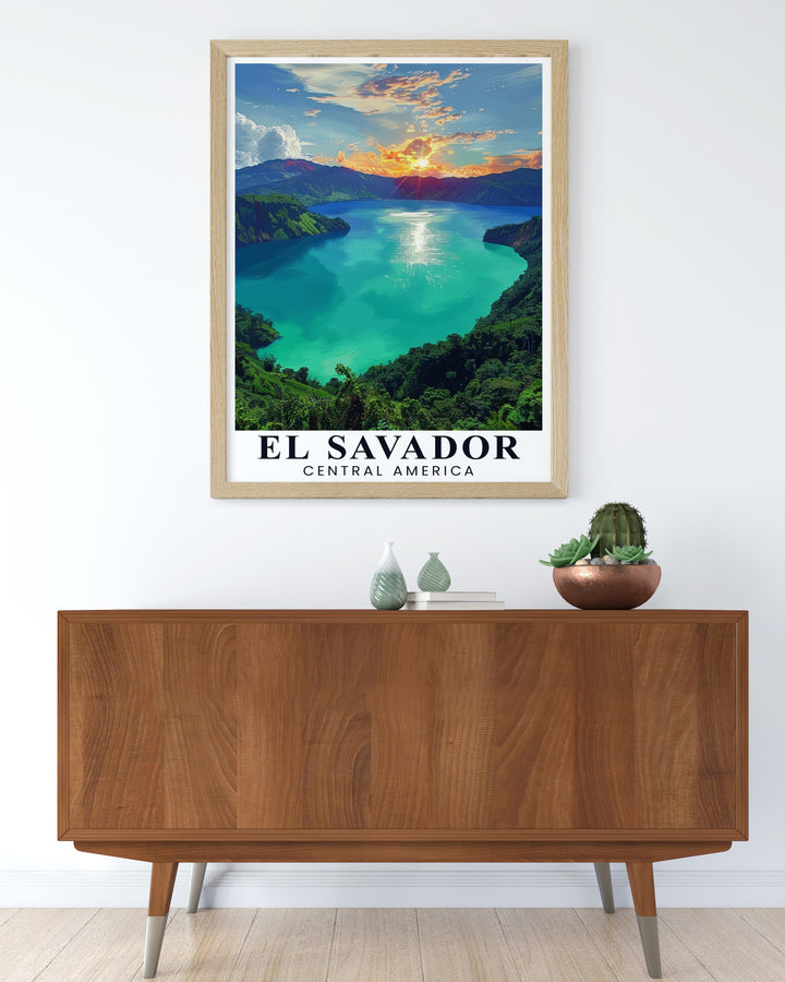 Featuring the breathtaking Lake Coatepeque, this travel print highlights the natural wonders of El Salvador. The vibrant blues and greens of the landscape make this artwork a perfect addition for anyone who loves Central Americas scenic beauty and adventure.