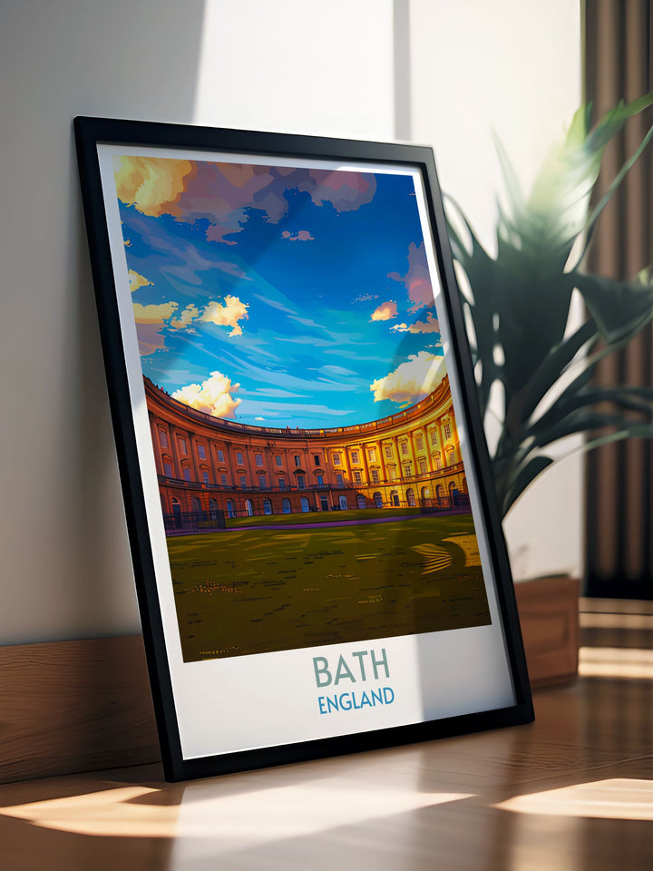 Travel inspired artwork of Baths Royal Crescent, perfect for giving as a thoughtful gift to lovers of England and architecture.