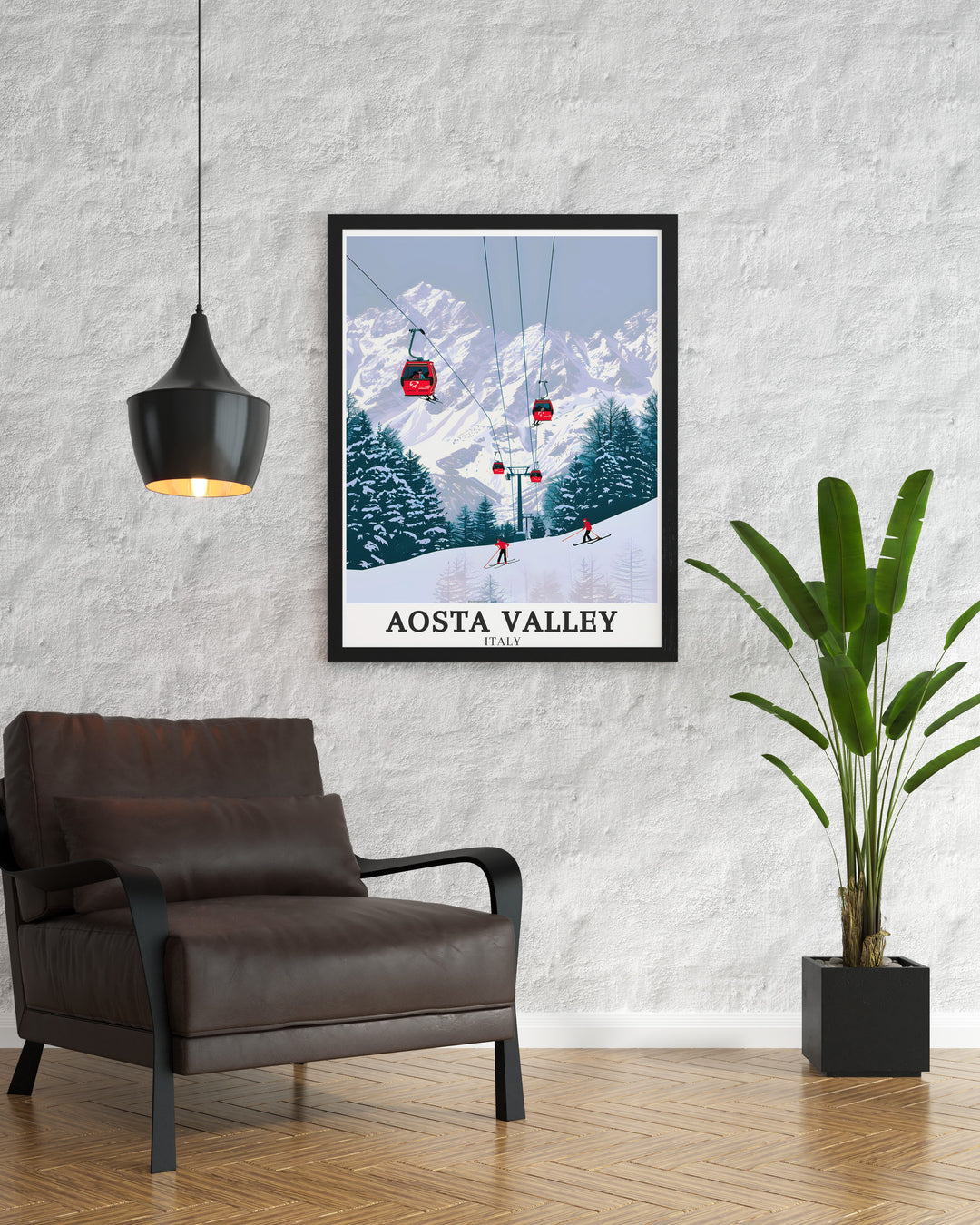 A vintage poster showcasing Aosta Valleys natural beauty, the excitement of Courmayeur ski resort, and the majestic peaks of Mont Blanc. This Italy travel print offers a nostalgic view of these iconic landmarks, with a design that complements both modern and classic decor styles. Printed on high quality paper, this poster is perfect for those who appreciate the timeless allure of the Italian Alps.