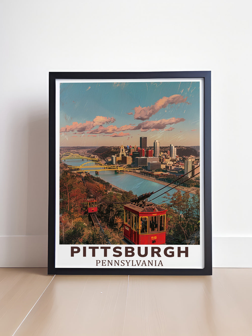 Pittsburgh wall art showcasing the Duquesne Incline and downtown skyline. This artwork perfectly captures the essence of Pittsburgh, blending its architectural landmarks with a timeless view of the Ohio River, a great addition to any living room or office.