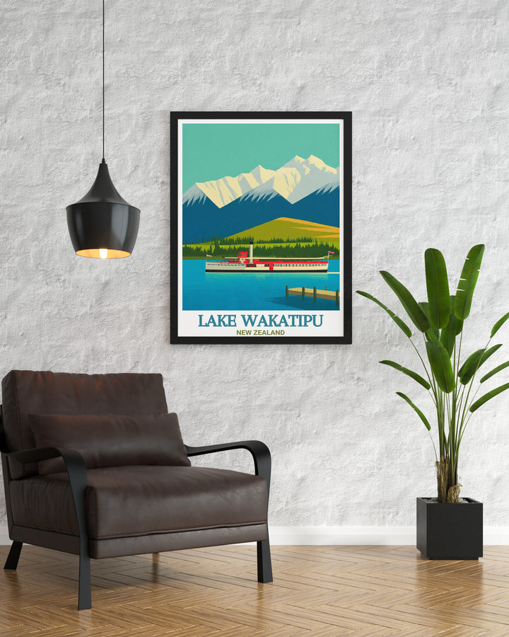 The breathtaking landscape of Lake Wakatipu and The Remarkables is brought to life in this travel print. Featuring the vibrant hues of New Zealands natural beauty, this poster is perfect for any nature lover or adventurer looking to add a piece of the outdoors to their home.