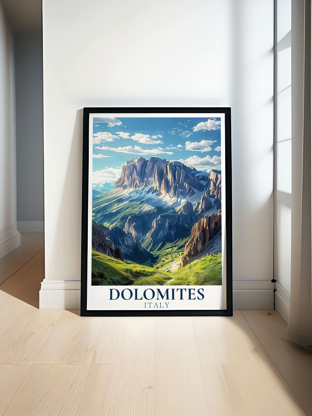 Stunning Sella Group Travel Poster showcasing the majestic beauty of the Dolomites Italy. Perfect for home decor and Italy travel enthusiasts. Enhance your living space with this captivating Italy wall art and bring a touch of nature indoors.