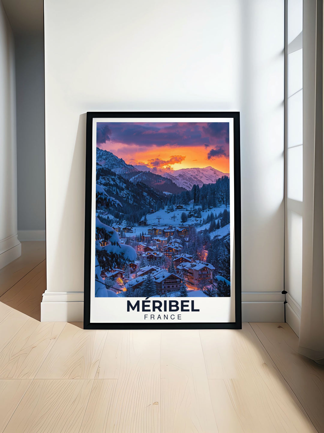 Meribel Village modern prints capture the thrill of snowboarding in Meribel and Courchevel perfect for adding adventure to your home decor with vibrant snowboarding artwork