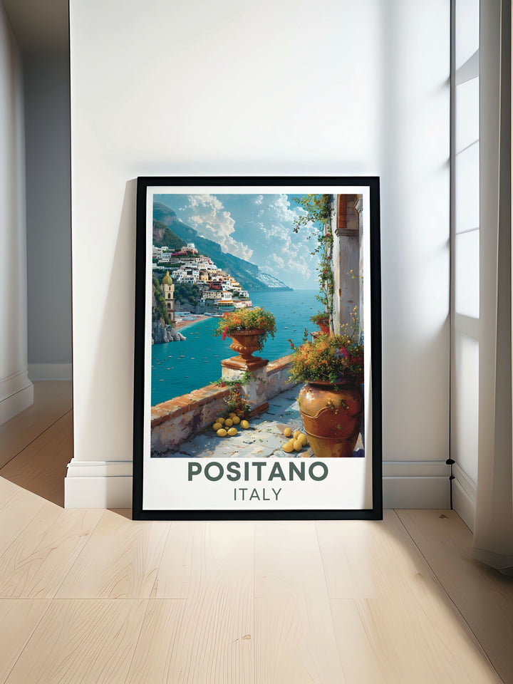 Via Positanesi dAmerica is beautifully depicted in our Positano Art Print offering a stunning view of the Amalfi Coast. This Italy Wall Art adds elegance and charm to any home decor making it a perfect choice for those who love Italian landscapes