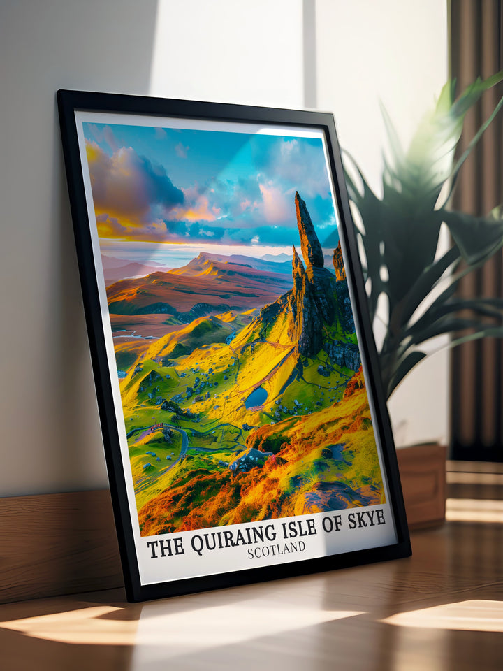 Elegant framed print of The Quiraing Skye capturing The Needle and the dramatic Trotternish Ridge offering a beautiful view of Scotlands highlands and inviting a touch of adventure into your living space with its captivating design.