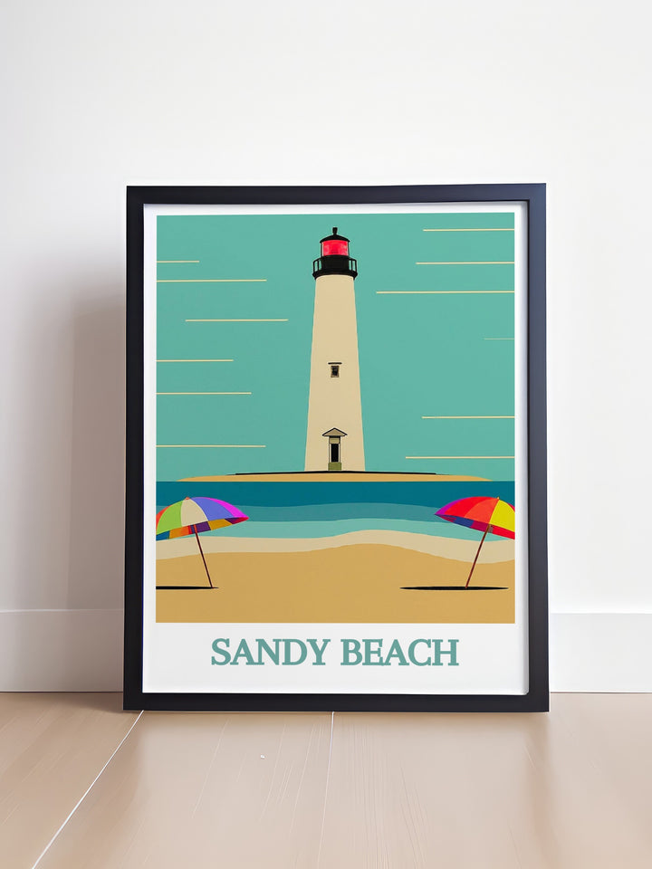 Elegant Sandy Beach Lighthouse Decor with a colorful travel print showcasing the lighthouse and surrounding beach area offering a refreshing and sophisticated addition to your living space