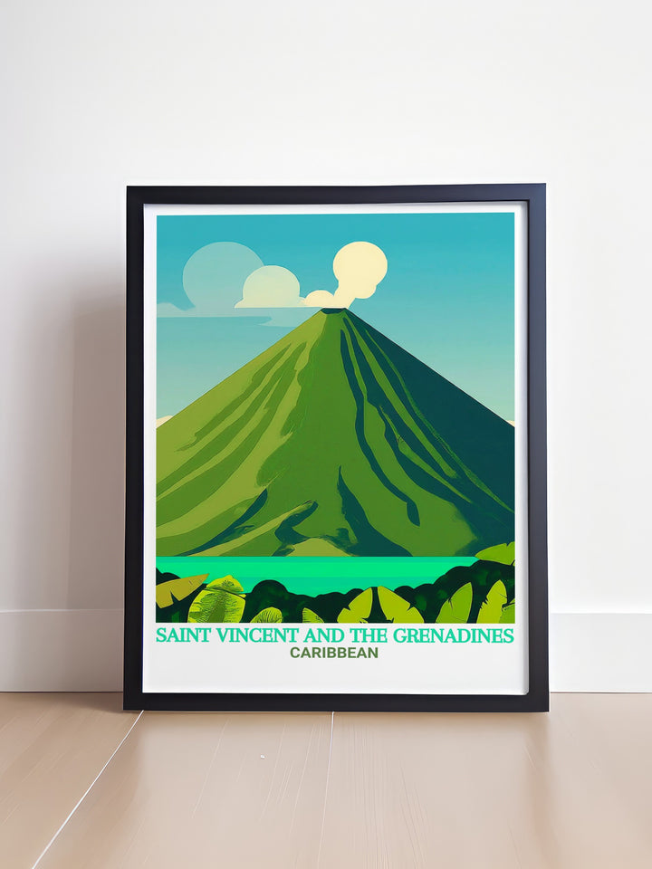 Detailed art print showcasing the vibrant landscapes of Saint Vincent and the Grenadines with a focus on the majestic La Soufrière Volcano. Perfect for adding a touch of Caribbean charm to your home, bringing tropical beauty and tranquility to any room.