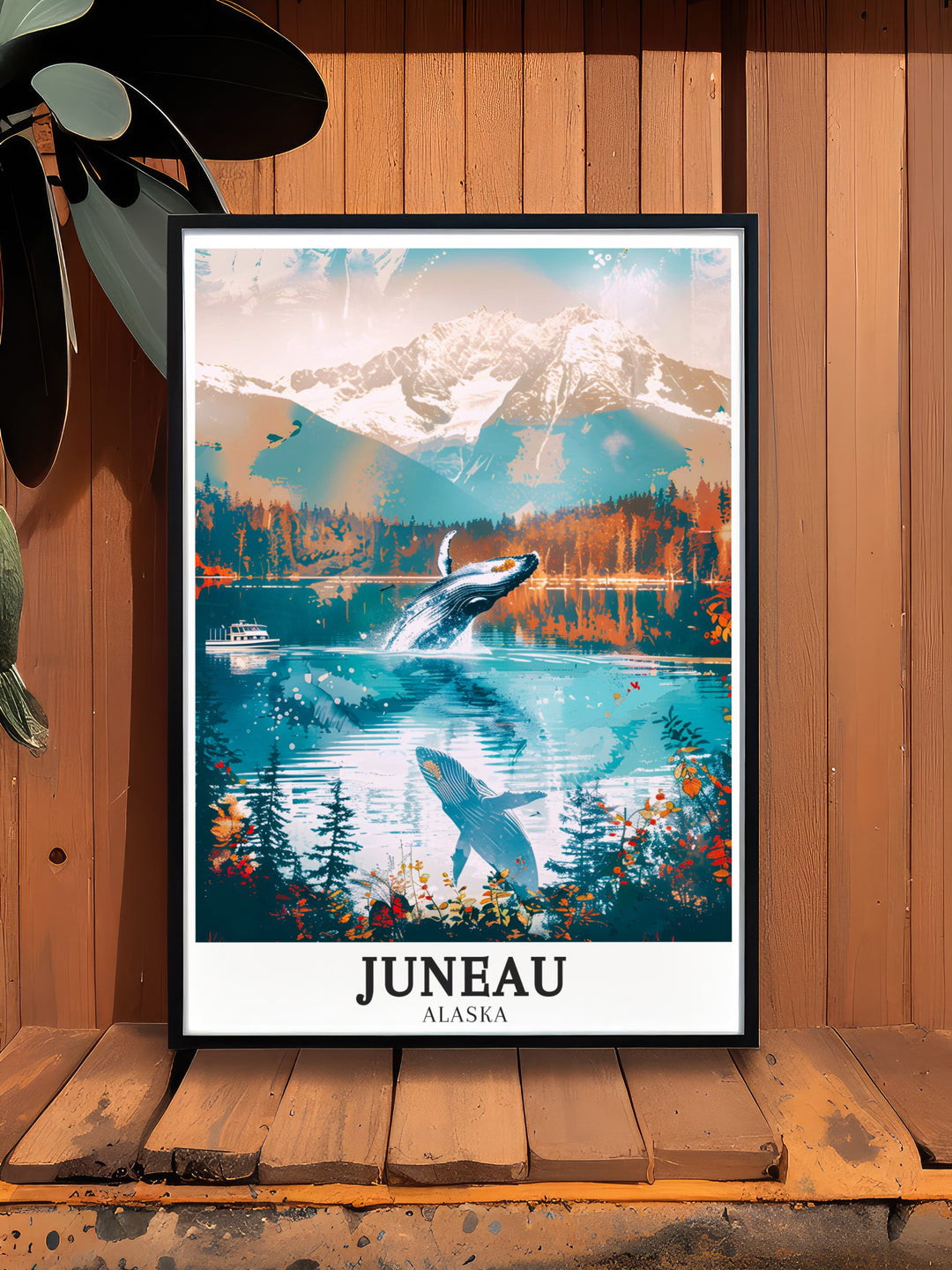 Juneau artwork showcasing Auke Bays glacial waters and the rugged peaks of the Chilkat Mountains. This travel art perfectly captures the balance between serenity and adventure in Alaska, making it an ideal piece for anyone looking to bring the wild beauty of nature into their home.