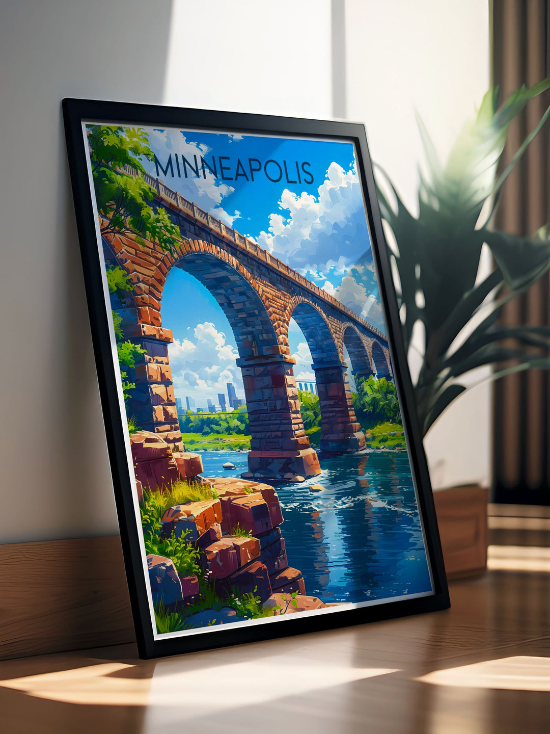 This detailed poster of the Stone Arch Bridge illustrates its architectural beauty and historic significance, making it an excellent addition to any art collection celebrating urban elegance.