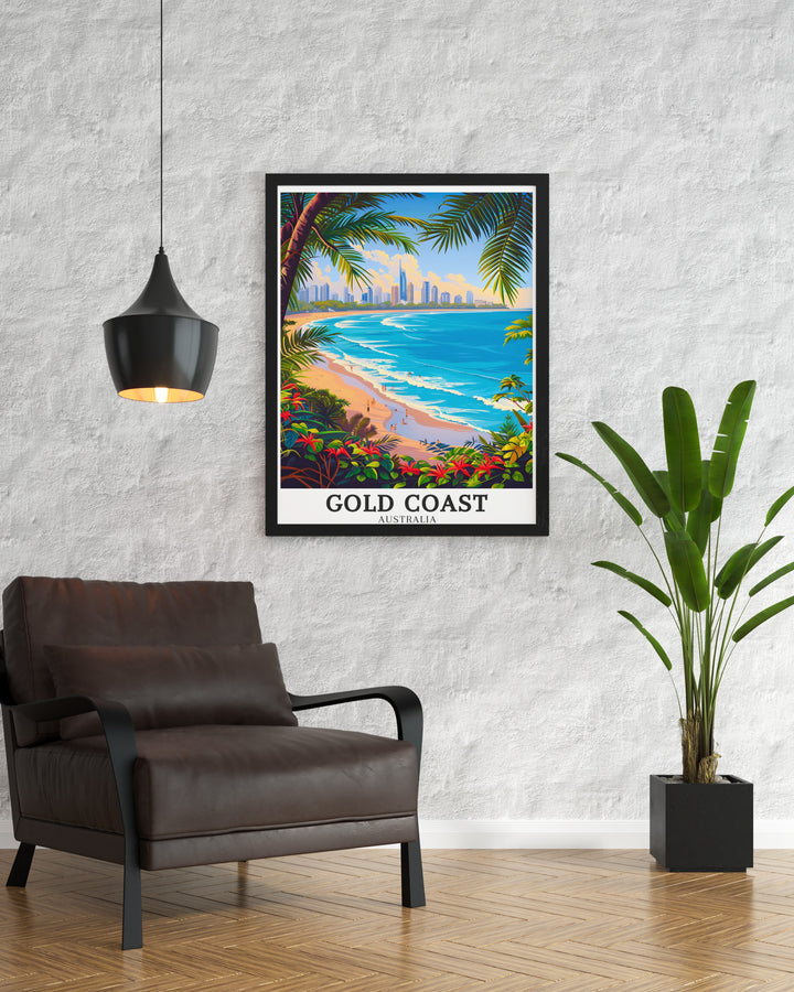 This Broadbeach wall art captures the serenity of one of Australias most iconic beaches. With gentle waves and vibrant coastal views, this print is perfect for beach lovers who want to bring the relaxed beauty of Broadbeach into their homes. Elevate your decor with this elegant representation of Queenslands coastal charm.