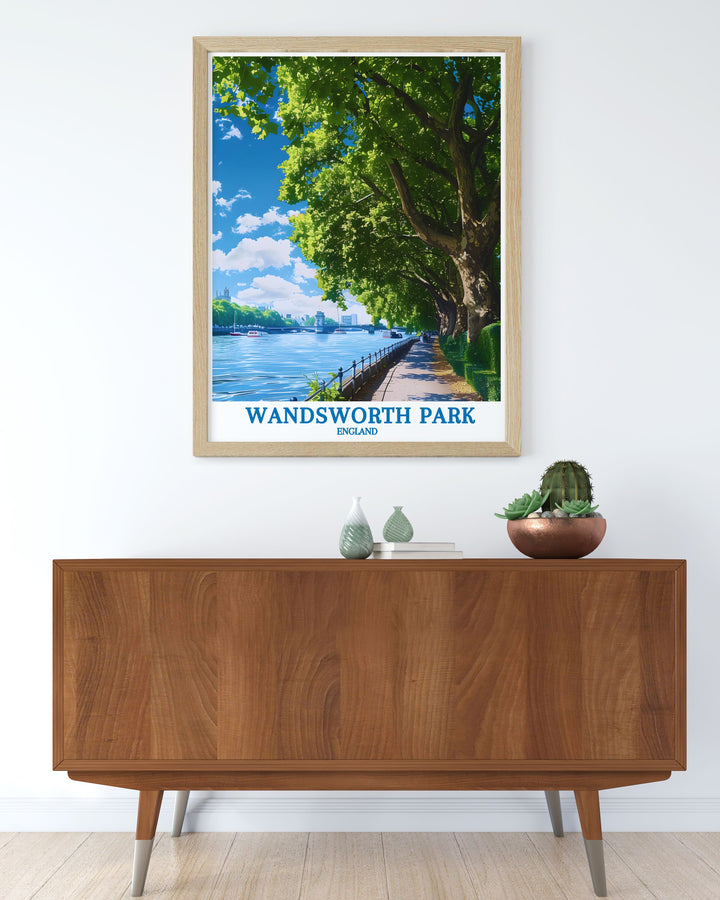 This modern wall decor piece features the riverside walk in Wandsworth Park, combining contemporary design with the parks timeless charm. Perfect for enhancing your home with a touch of Londons historical green spaces, it offers a stylish and serene addition to your decor, celebrating the beauty of Wandsworth Park.