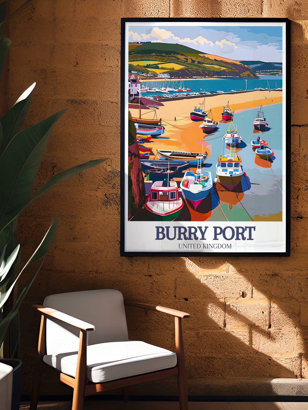 Wales poster featuring the picturesque Burry Port a perfect gift for travel enthusiasts and art lovers includes elements of Pembrey Country Park and Burry Port harbor