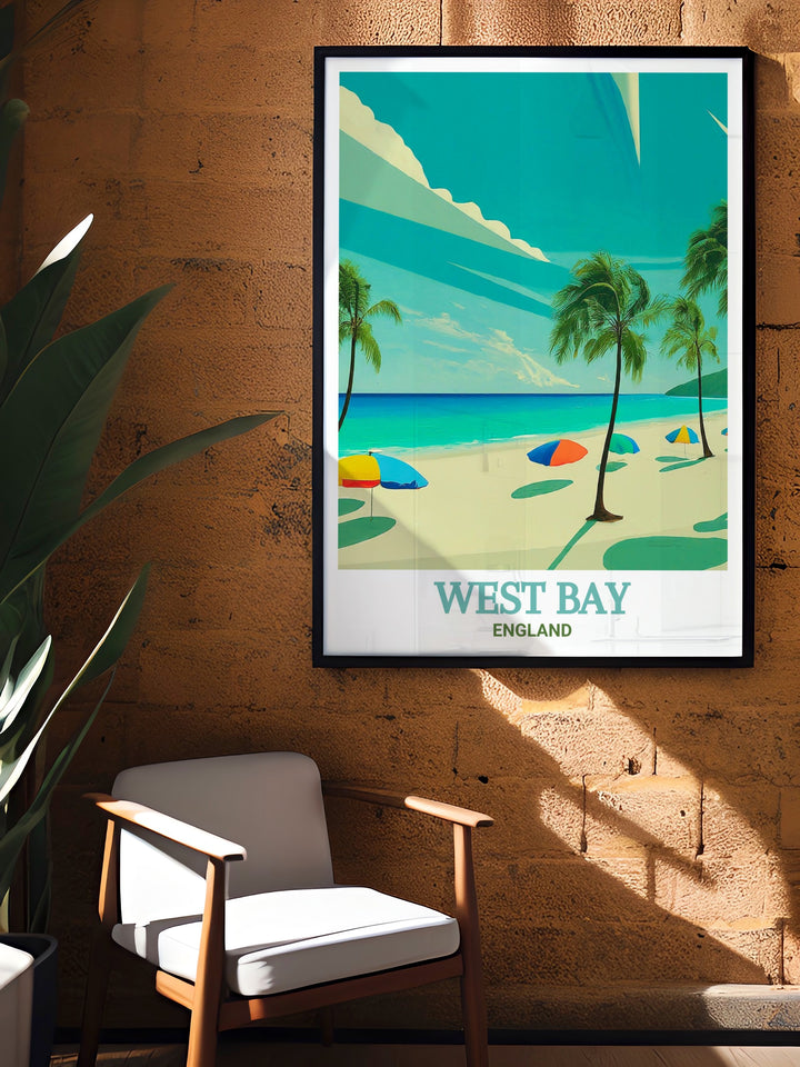 Travel poster of West Bay Beach, showcasing the iconic cliffs and expansive shoreline of Englands southern coast. This detailed print brings a sense of wonder and adventure into any space, perfect for lovers of UK coastal art.