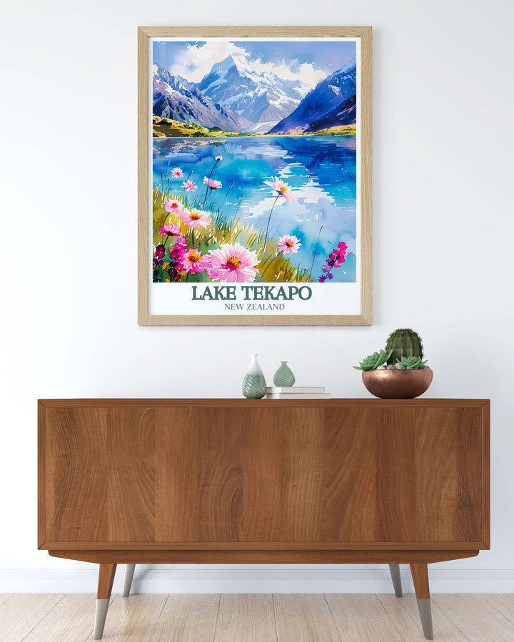 Highlighting the rugged beauty of the Southern Alps and Mount Cook, New Zealands highest peak, this travel poster brings the dramatic mountain landscapes into your home decor. Ideal for adventure enthusiasts and mountain lovers.