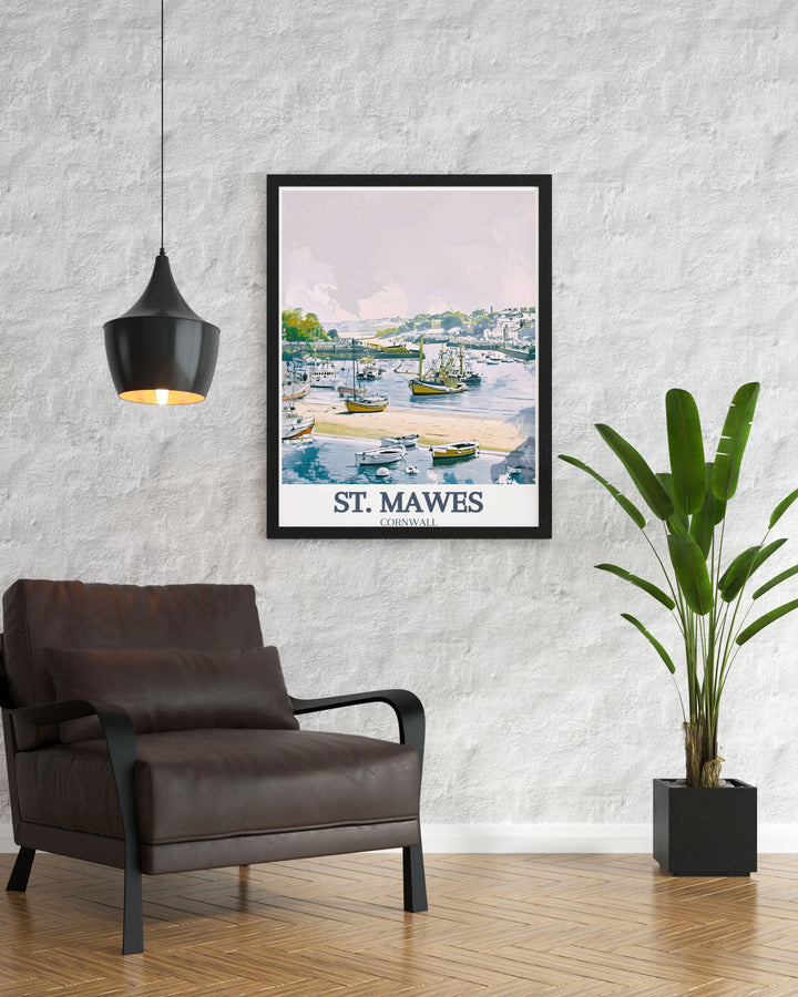 Beautiful Cornwall art print featuring St. Mawes Harbour and St. Mawes Beach ideal for any living room or office this elegant artwork captures the beauty of Cornwalls coast perfect for lovers of Cornwall decor and coastal landscapes