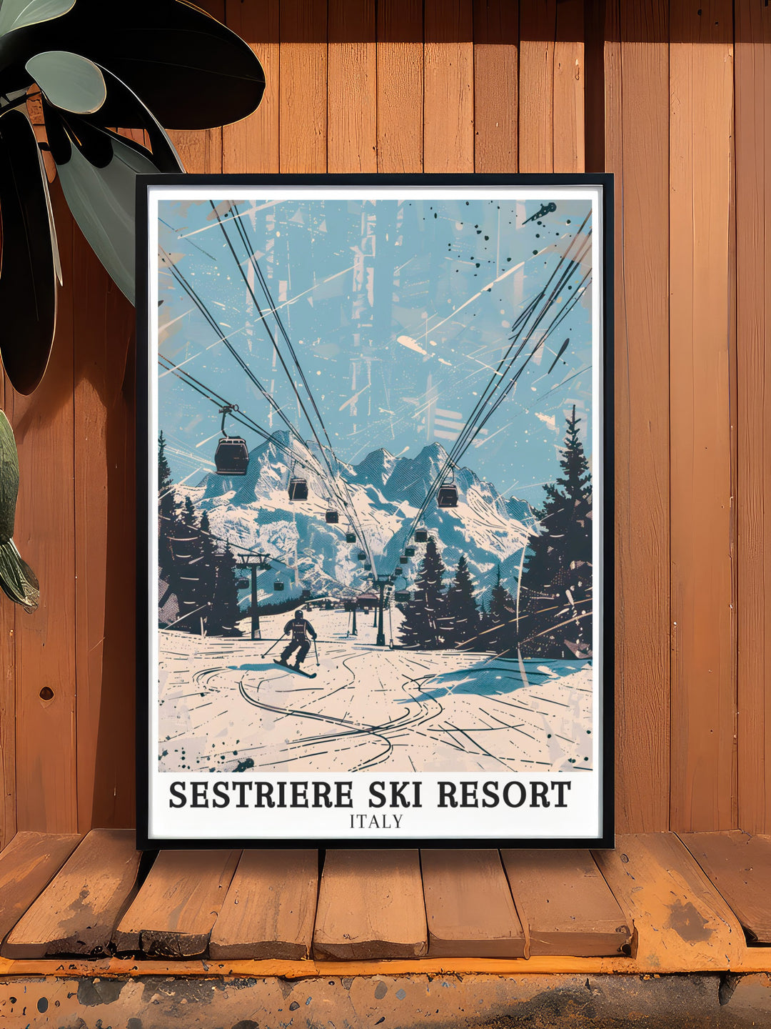 Sestriere travel print capturing the essence of the Italian Alps. Perfect for home or office decor, this poster features the dynamic energy of the Sestriere Vialattea Ski Area. A wonderful gift for skiing enthusiasts and travel lovers.