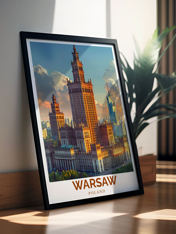 Bring the charm of Warsaw into your space with this Palace of Culture and Science wall art perfect for adding a touch of Polish decor and creating a sophisticated atmosphere in your living room or office space with detailed and vibrant modern prints.