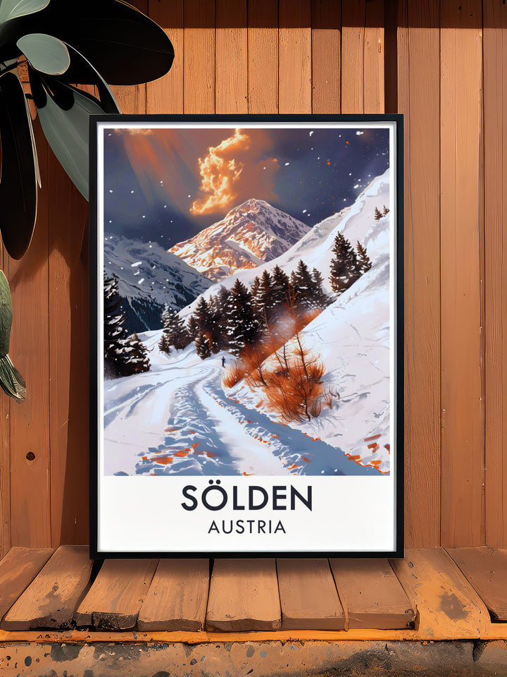 Capture the breathtaking beauty of the Austrian Alps with this Rettenbach Glacier Travel Print. Featuring a snowboarder in action, this artwork highlights the exhilarating experience of snowboarding at Solden. Perfect for winter sports lovers, this poster makes a striking addition to any home or office.