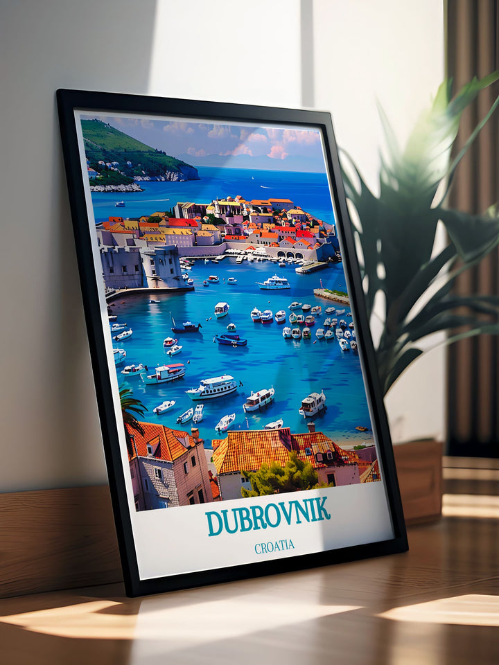 Gallery wall art illustrating the majestic landscapes of Dubrovniks Old Town Harbor, offering breathtaking views and historical depth.