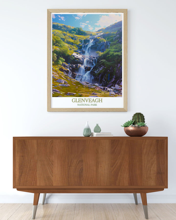 Vintage travel poster of Glenveagh National Park, featuring its iconic landscapes and tranquil atmosphere, perfect for adding a nostalgic touch to your decor.
