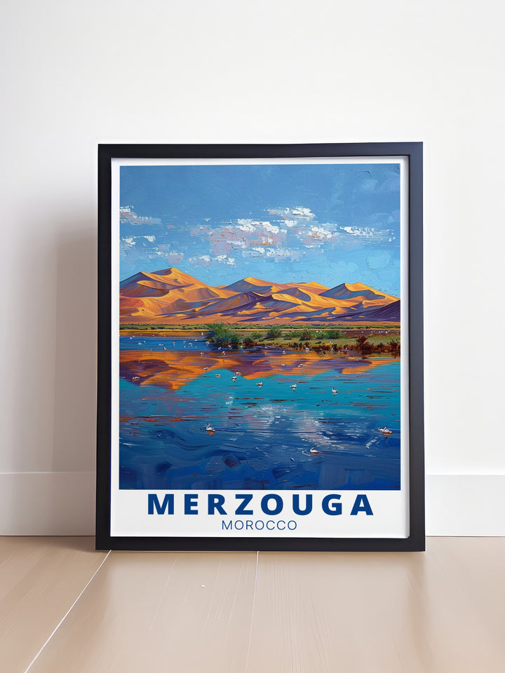 Merzouga Print brings the rich colors of the Moroccan desert into your living space while Dayet Srji Lake Wall Art complements with serene blue tones Ideal for creating a travel inspired theme in your home or office with a touch of Moroccan elegance