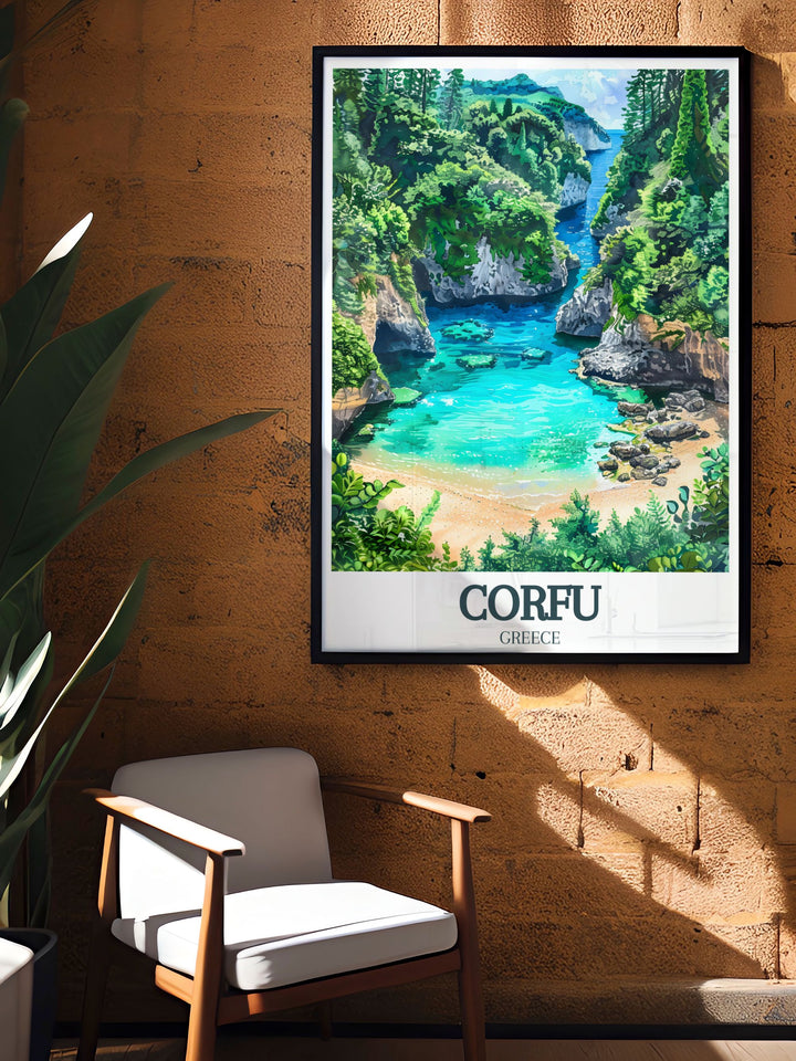 Paleokastritsa Beach Ionian Sea poster capturing the timeless beauty and serene landscapes of Corfu Greece Island making it an excellent choice for Corfu decor and a standout piece for any wall art collection inspired by Greek art and travel