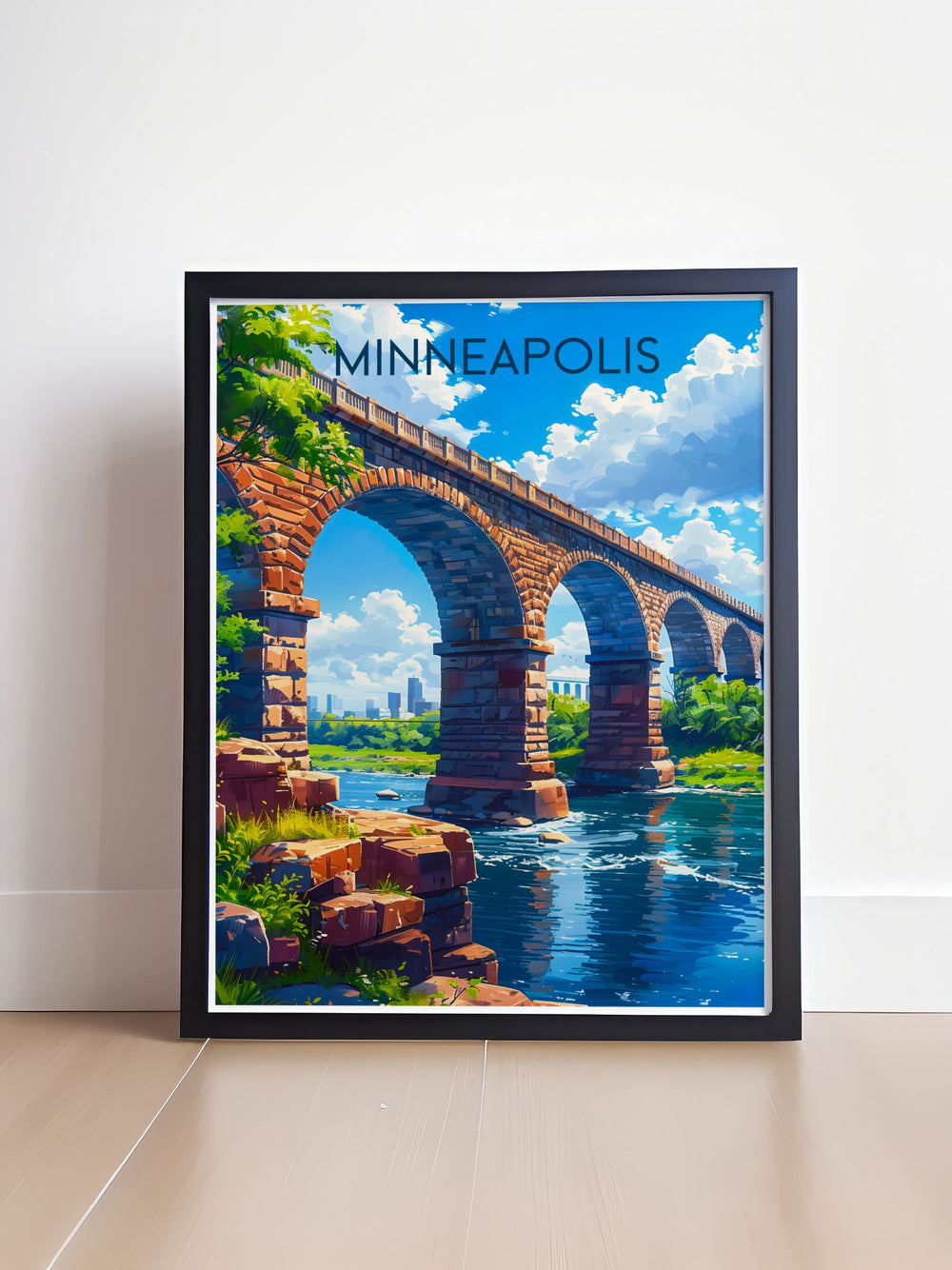 Featuring the scenic views of the Stone Arch Bridge, this poster offers a visual representation of one of Minneapoliss most beautiful historic landmarks, ideal for architecture and history enthusiasts.