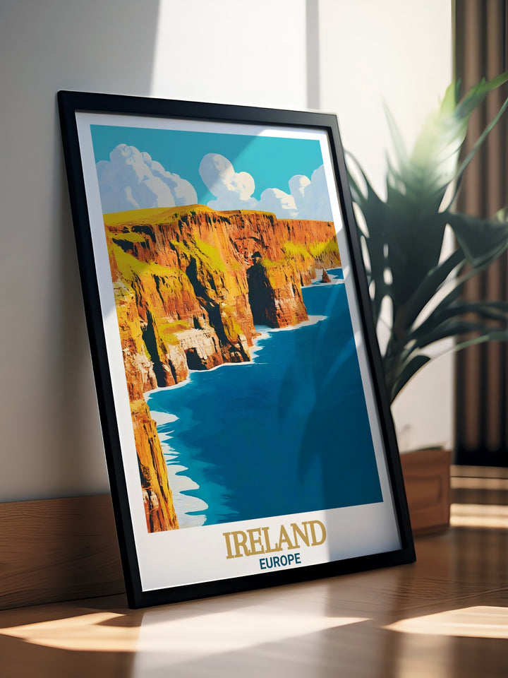 This Ireland art print showcases both the rugged beauty of the Cliffs of Moher and the historic architecture of Dublin. A wonderful addition to any wall decor for lovers of Irish landscapes.